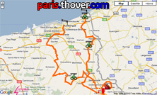 De kaart met het parcours van de eerste etappe van de 4 Jours de Dunkerque 2010 op Google Maps