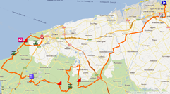 De kaart met het parcours van de eerste etappe van de 4 Jours de Dunkerque 2012 op Google Maps