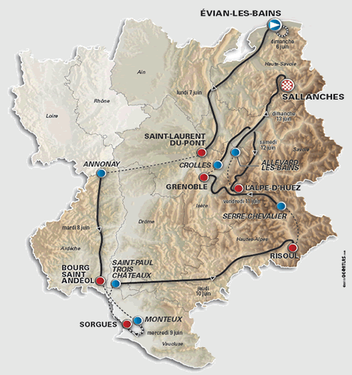 La carte du parcours du Critérium du Dauphiné 2010