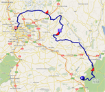 De kaart met het parcours van de tweede etappe van het Critérium du Dauphiné 2011 op Google Maps