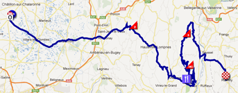 De kaart met het parcours van de vijfde etappe van het Critérium du Dauphiné 2012 op Google Maps