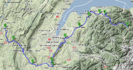 Een niet nauwkeurige kaart met het parcours van de tweede etappe van het Critérium du Dauphiné 2013