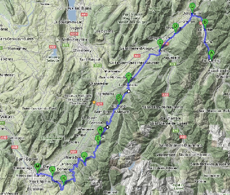 Een niet nauwkeurige kaart met het parcours van de zesde etappe van het Critérium du Dauphiné 2013