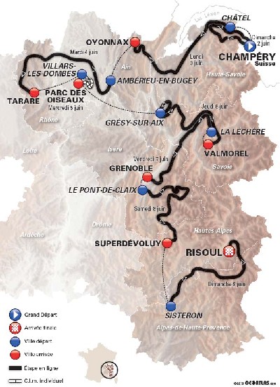 De kaart met het parcours van het Critérium du Dauphiné 2013