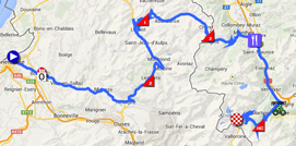 De kaart met het parcours van de zevende etappe van het Critérium du Dauphiné 2014 op Google Maps