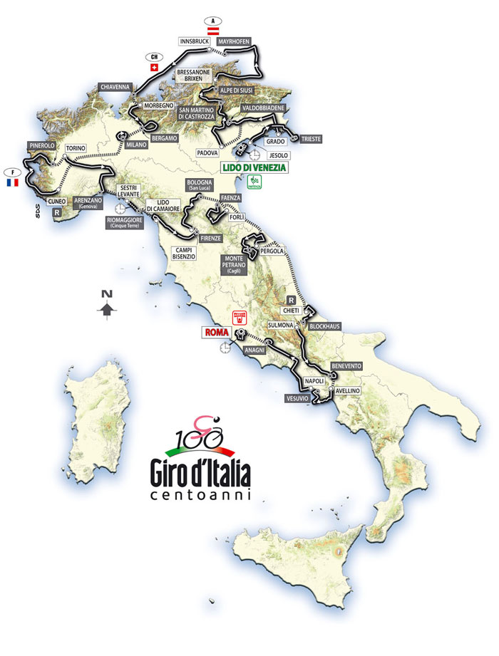 Het parcours van de Giro d'Italia 2009