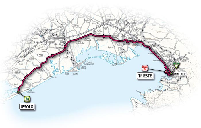 Het parcours van de tweede etappe - Jesolo > Trieste