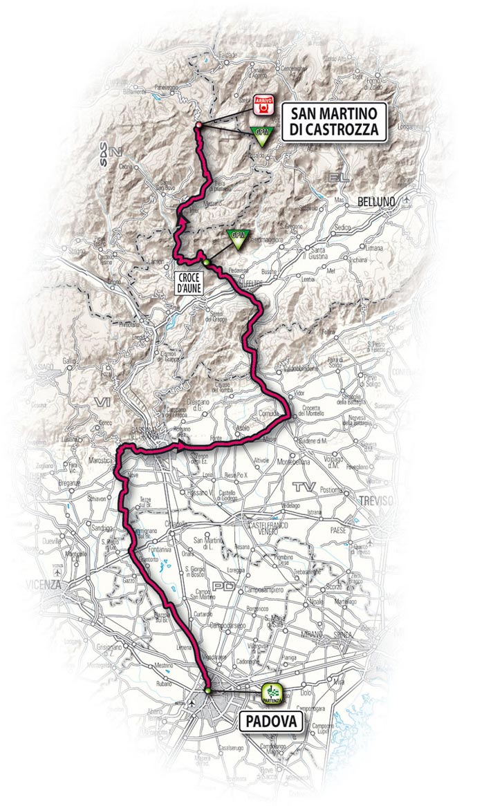 The route for the fourth stage - Padova > San Martino di Castrozza