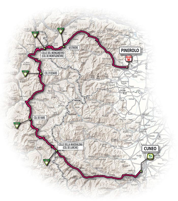 The route for the tenth stage - Cuneo > Pinerolo