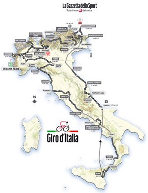 Het parcours van de Giro d'Italia 2011