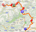 De kaart met het parcours van de vijftiende etappe van de Giro d'Italia 2011 in Google Maps
