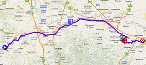 De kaart met het parcours van de tweede etappe van de Giro d'Italia 2011 in Google Maps