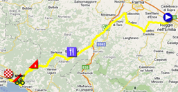 De kaart met het parcours van de derde etappe van de Giro d'Italia 2011 in Google Maps