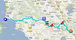 De kaart met het parcours van de vijfde etappe van de Giro d'Italia 2011 in Google Maps