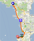 De kaart met het parcours van de achtste etappe van de Giro d'Italia 2011 in Google Maps