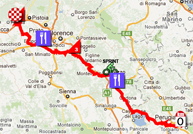 De kaart met het parcours van de elfde etappe van de Giro d'Italia 2012 op Google Maps