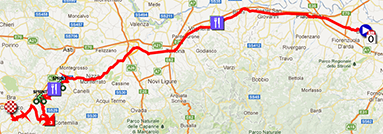 De kaart met het parcours van de dertiende etappe van de Giro d'Italia 2013 op Google Maps