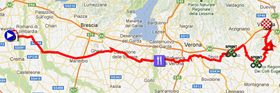 De kaart met het parcours van de zeventiende etappe van de Giro d'Italia 2013 op Google Maps