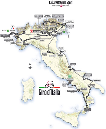 De volledige kaart van de Giro d'Italia 2013