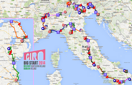De kaart met het parcours van de Ronde van Italië 2014