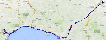 The map with the race route of the eleventh stage of the Giro d'Italia 2014 on Google Maps