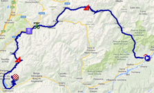De kaart met het parcours van de achttiende etappe van de Giro d'Italia 2014 op Google Maps