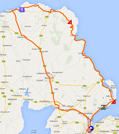 De kaart met het parcours van de tweede etappe van de Giro d'Italia 2014 op Google Maps