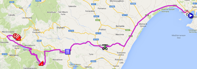 De kaart met het parcours van de vijfde etappe van de Giro d'Italia 2014 op Google Maps
