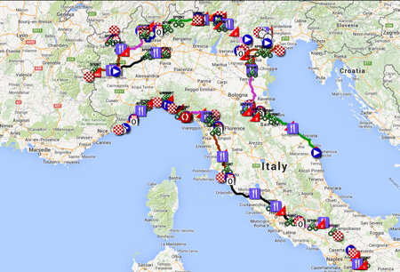 De kaart met het parcours van de Ronde van Italië 2015