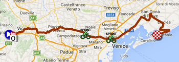 The map with the race route of the thirteenth stage of the Giro d'Italia 2015 on Google Maps