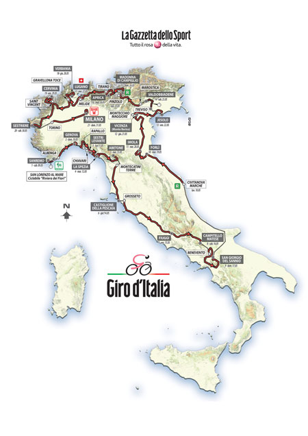 The map with the race route of the Tour of Italy 2015