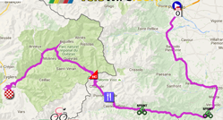 De kaart met het parcours van de negentiende etappe van de Giro d'Italia 2016 op Google Maps