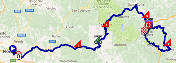 The map with the race route of the eleventh stage of the Giro d'Italia 2017 on Google Maps