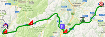 The map with the race route of the seventeenth stage of the Giro d'Italia 2017 on Google Maps