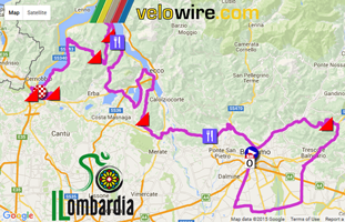 The map with the race route of the Tour of Lombardy 2015 on Google Maps