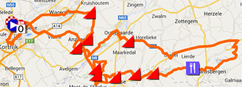 De kaart met het parcours van Kuurne-Brussel-Kuurne 2014 op Google Maps