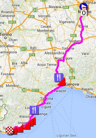 De kaart met het parcours van Milaan-Sanremo 2014