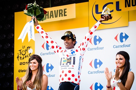 Daniel Teklehaimanot wearing the polka dot jersey at the 2015 Tour de France - © GruberImages