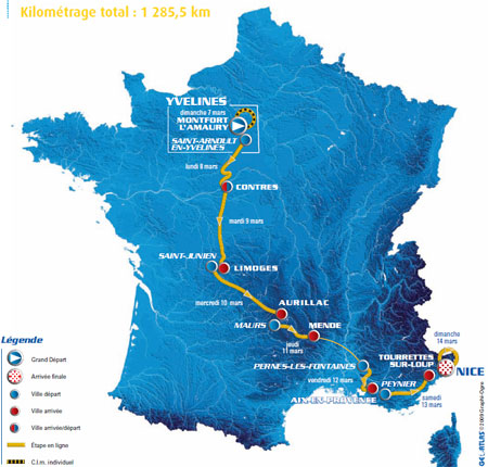 De kaart van het parcours van Parijs-Nice 2010