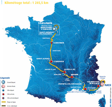 La carte du parcours de Paris-Nice 2010