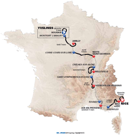 The map with the 2011 Paris-Nice race route