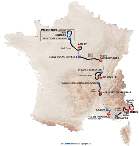 La carte du parcours de Paris-Nice 2011