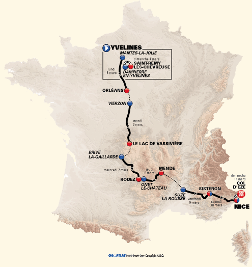 La carte du parcours de Paris-Nice 2012