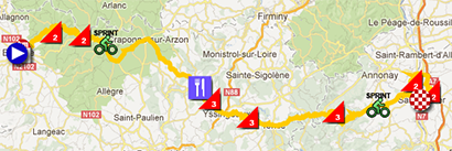 The map with the race route of the fourth stage of Paris-Nice 2013 on Google Maps