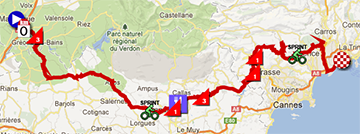 De kaart met het parcours van de zesde etappe van Parijs-Nice 2013 op Google Maps