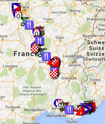 De kaart met het parcours van Parijs-Nice 2014