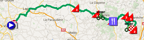 The map with the race route of the 3rd stage of Paris-Nice 2016 on Google Maps