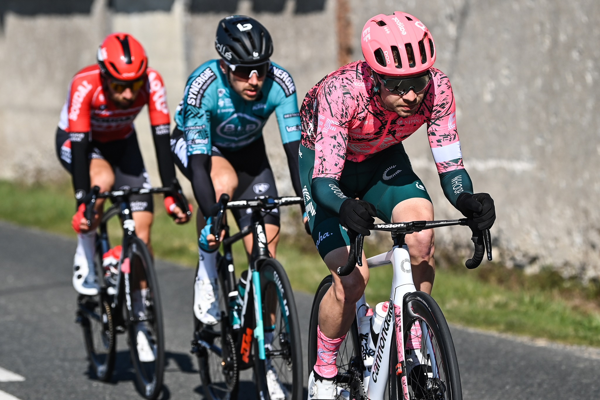 The breakaway of the third stage of Paris-Nice 2022 with Thomas de Gendt, Alexis Gougeard and Owain Doull - © A.S.O./Alex Broadway