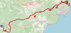 De kaart met het parkoers van de zesde etappe van Parijs-Nice 2023 op Open Street Maps