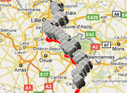 De kaart met het parcours van Parijs-Roubaix 2010 op Google Maps